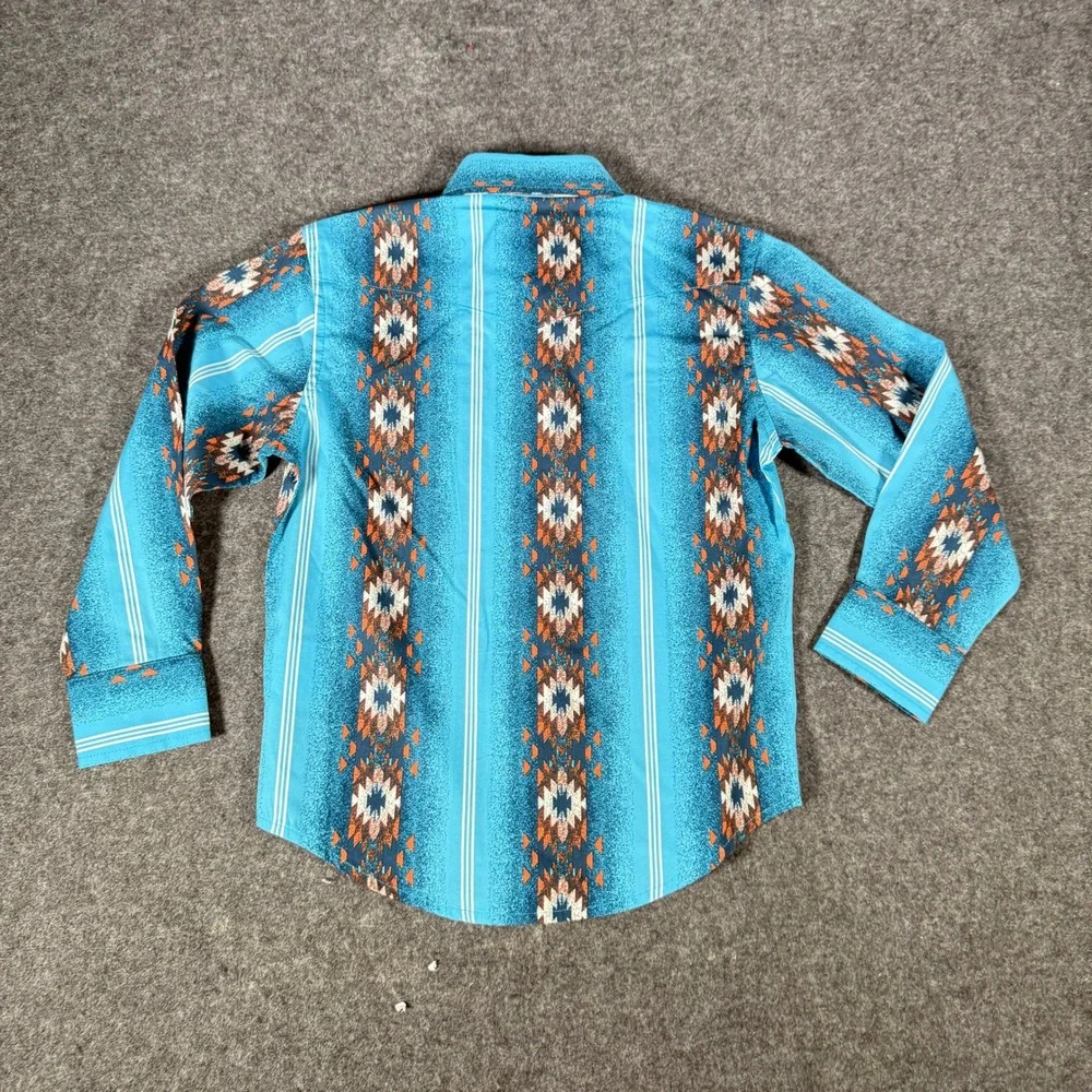 Wrangler Checotah Kids Western Snap Shirt Turquoise Blue Aztec Print S 112365829
